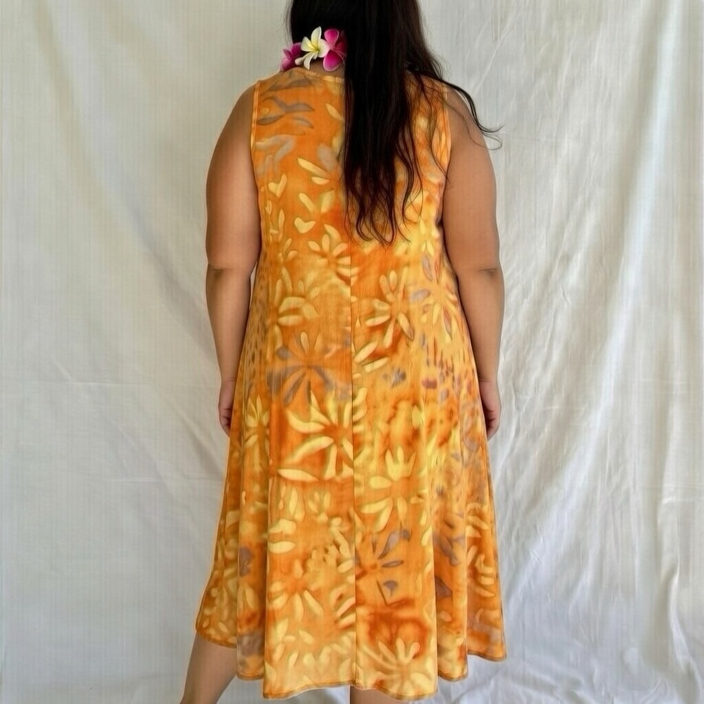 Tropical Earth Tones Island Wear Handmade Batik Midi Sundress Orange Floral - Picture 5 of 8